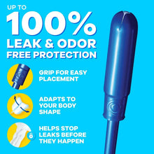 Tampon applicator graphic with blue container for 100% leak & odor free protection