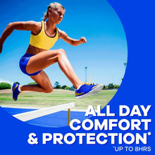 Tampon protection ad graphic with runner and "All day comfort & protection" text