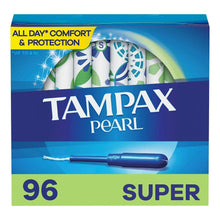 Tampax Pearl Super unscented tampons box, 96 count, blue label with dispenser