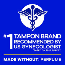 Tampon brand recommendation badge graphic with made without perfume label