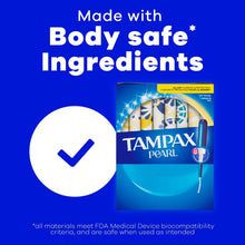 Tampax Pearl tampons box graphic labeled made with body safe ingredients