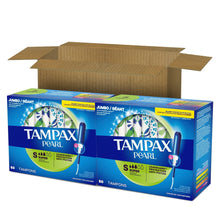 Two Tampax Pearl tampon multipacks in open cardboard shipping box