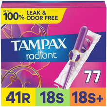 Tampax radiant unscented tampon box with 77-count pack and applicators