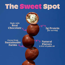 Stacked dark chocolate protein bites with cocoa filling and caramel crunch