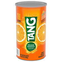 Orange drink mix canister with TANG logo and orange slices on front label