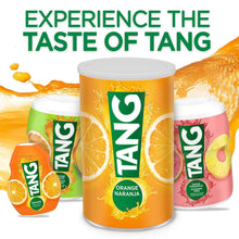 Assorted TANG powdered drink mix cans in orange and other flavors with “Taste of TANG” text.