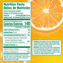 Nutrition Facts panel for orange powdered drink mix with serving calories and sugars.