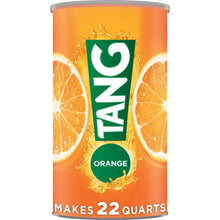 Orange powdered drink mix can with TANG logo and orange label, makes 22 quarts.