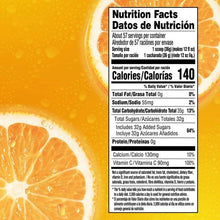 Nutrition Facts panel for orange powdered drink mix with calories, sugars, and vitamins.