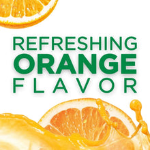 Orange powdered drink mix graphic reading “Refreshing orange flavor” with orange slice.