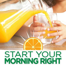 Orange powdered drink mixed in glasses on a counter with “Start your morning right” text.