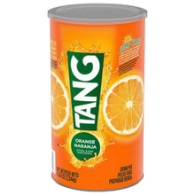 Orange powdered drink mix can with orange fruit slices and TANG logo