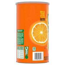 Orange drink mix canister with orange graphic and barcode on side label