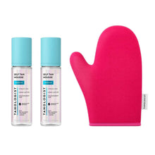 Self tan mousse bottles and hot-pink tanning mitt, both for medium tan.