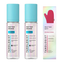 Self tan mousse kit with two medium bottles and double-sided tanning mitt.