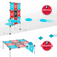 Target toss game set with upright frame, breakaway score tiles, discs and beanbags