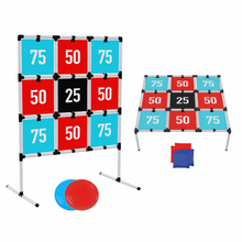 2-in-1 target toss stand game with breakaway number tiles, red/blue disc and beanbag