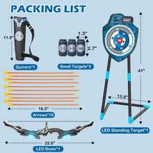 Packaging layout showing LED standing target, quiver, arrows, and small targets