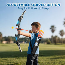 Kids archery bow set with quiver and rope string, aiming at outdoor target