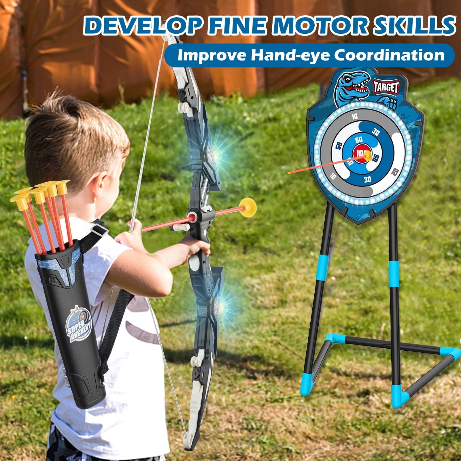 Kids LED Standing Archery Set with Bow & Arrows – Outdoor Sports Toy for Boys & Girls Ages 4-12, Safe & Fun Target Practice Game