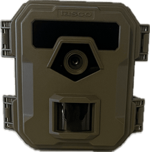 Tan trail hunting camera with front lens and dark view window