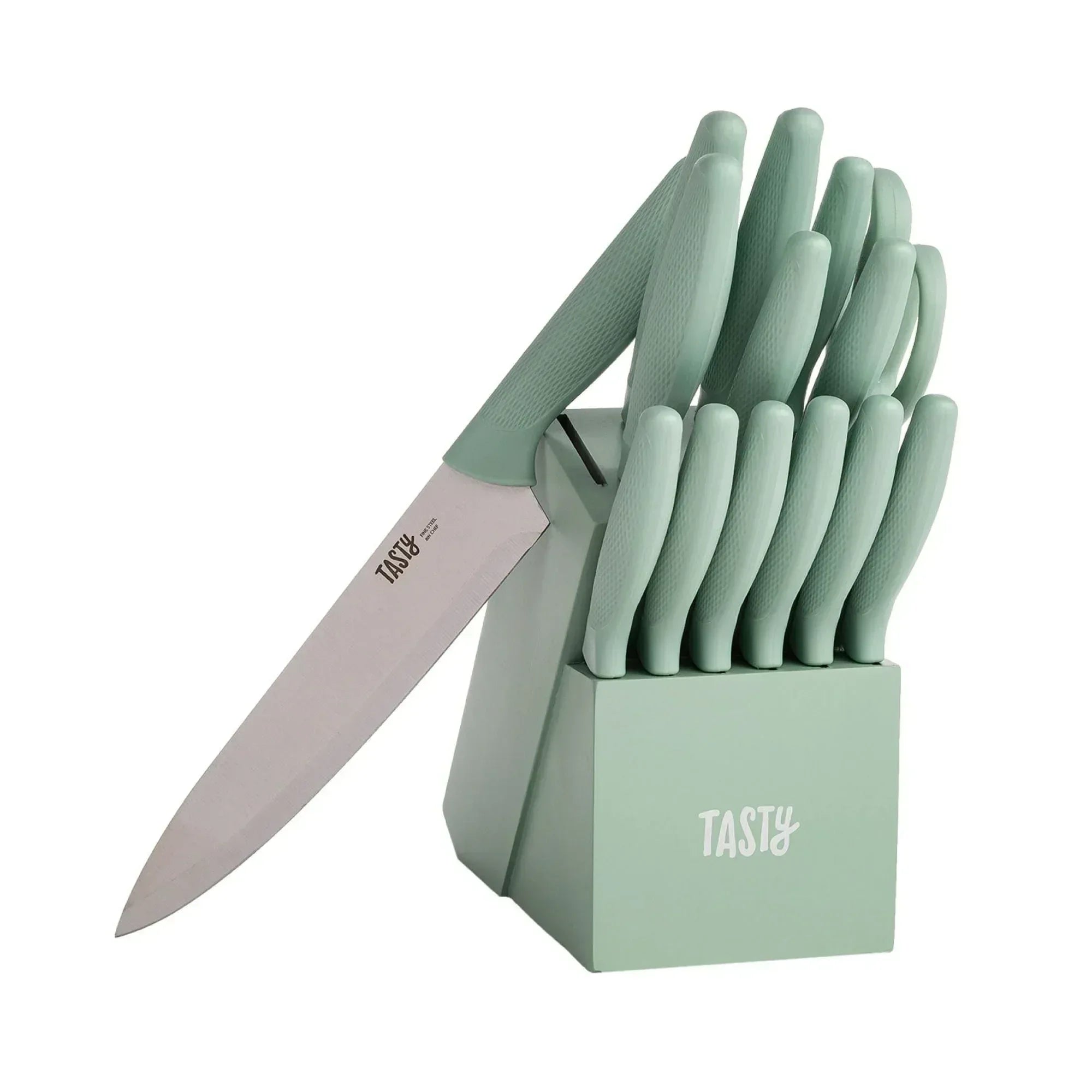 Tasty 15-Piece Stainless Steel Kitchen Knife Set With Block, Soft-Grip Handles Slate Blue