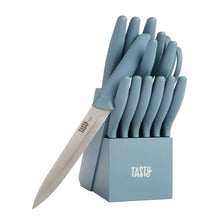 Slate blue stainless steel kitchen knife set with storage block and upright knives