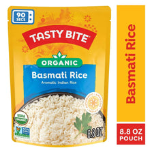 Organic basmati rice pouch in yellow with Tasty Bite branding and 8.8 oz label