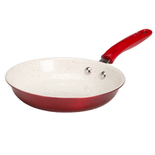 Red ceramic non-stick frying pan, speckled white interior, 8 in, red handle