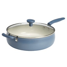 Blue ceramic non-stick jumbo cooker pan with glass lid and two side handles