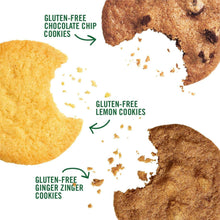 Assorted gluten-free cookies shown as broken pieces: chocolate chip, lemon, and ginger zinger.