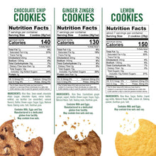 Gluten-free cookie variety pack nutrition facts on three cookie bags with cookie photo details.