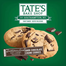 Soft baked dark chocolate chunk cookies with two cookies shown on cookie bag