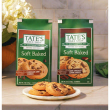 Tate's Bake Shop soft baked cookie bags with chocolate chip cookies on plate