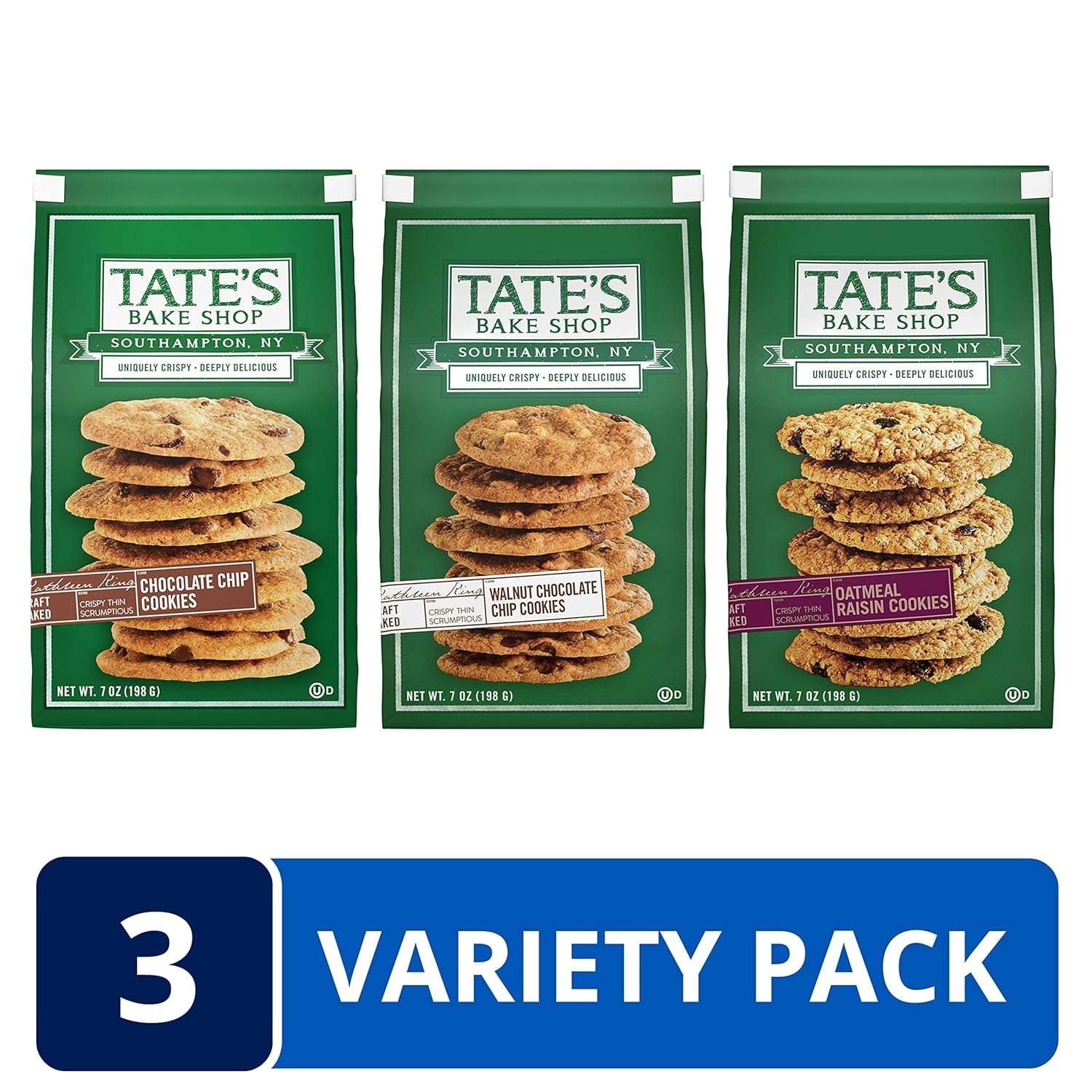Tate's Bake Shop Variety Pack Oatmeal Raisin, Chocolate Chip & Chocolate Chip Walnut Cookies, 3 x 7 oz Bags