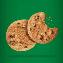 Chocolate chip cookies, two round cookies with visible chocolate pieces