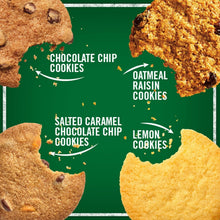Cookie assortment graphic labeling chocolate chip, oatmeal raisin, salted caramel and lemon