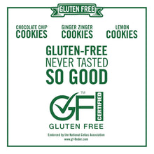 Gluten-free cookie variety pack label with GF certified badge and gluten-free text.