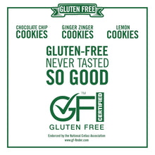 Gluten-free cookie variety pack label featuring chocolate chip, ginger zinger, lemon