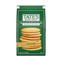 Pack of thin, crispy lemon cookies with stacked cookies on green packaging