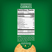 Snickerdoodle cookies nutrition facts panel on green package, with cookie image at bottom