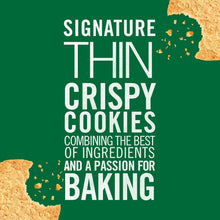 Green cookie bag panel reading Signature Thin Crispy Cookies, with cookie crumbs