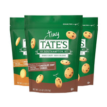 Tiny Tate's cookie variety pack bags with chocolate chip cookie graphics