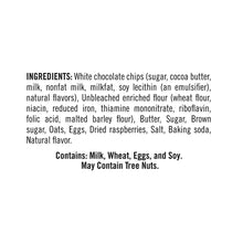 Cookie ingredients label with list of white chocolate and raspberry ingredients