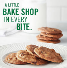 Plate of thin chocolate chip cookies with large 'A little bake shop' text