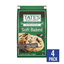Soft baked dark chocolate chunk cookies in green cookie bag with 4-pack badge