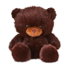 Taupe jumbo plush bear with brown snout, embroidered eyes, and seated pose