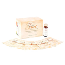 Collagen supplement box with small bottle and sheet mask packets, beige, red accents.
