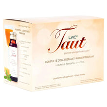 Collagen supplement box with small supplement bottle, cream color with red accents.