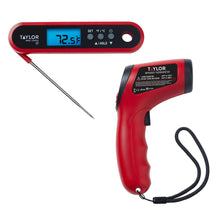 Red digital thermometer gun with long metal probe and wrist lanyard, Taylor set